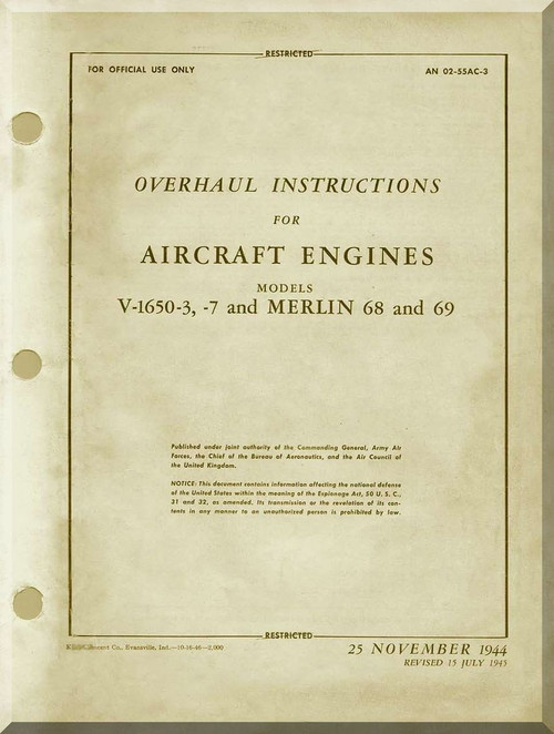 Rolls Royce Packard Merlin V1650 -3 -7   Aircraft Engine Overhaul  Manual,    (English Language ) AN 02-55AC-3 - 1944