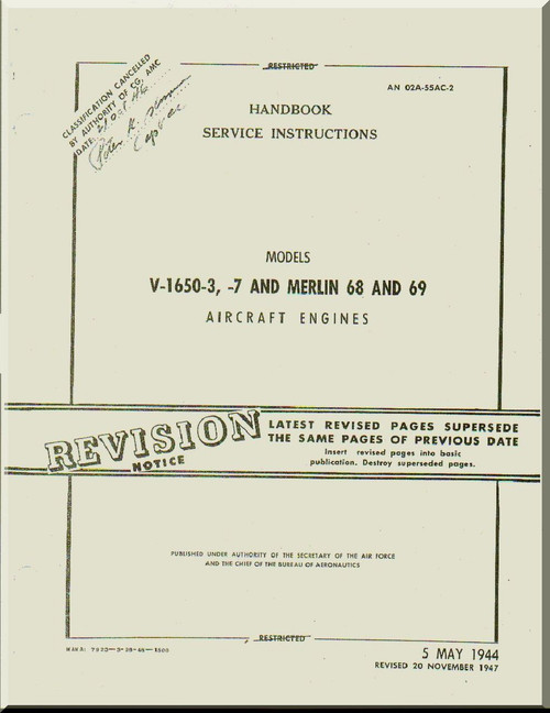 Rolls Royce Packard Merlin 1650 -3 - 7 Aircraft Engine Service Manual - 02-55AC-2 -1947