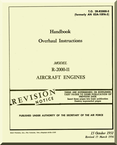 Pratt & Whitney R-2000 -11 Aircraft Engine Overhaul Manual 2R-R2000-3 -1951