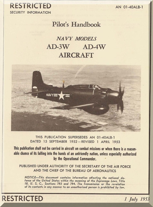 Mc Donnell Douglas AD-3W -4W  Aircraft Pilot's Handbook Manual  A.N. 01-40ALB-1 , 1953