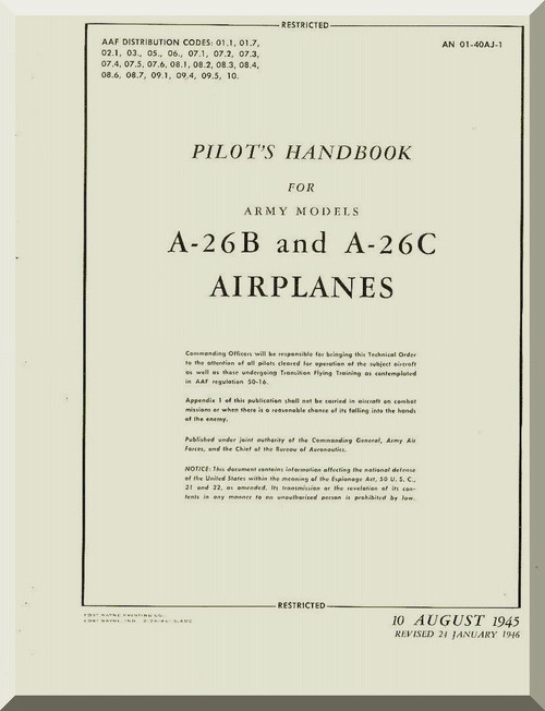 Douglas A-26 A , C Aircraft Pilot's Handbook Manual AN 01-40AJ-1 , 1945 