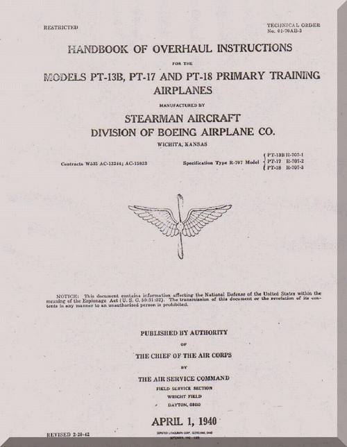 Stearman PT-13,17, 18 Aircraft Overhaul instructions Manual - 01-70AB-3 - 1940