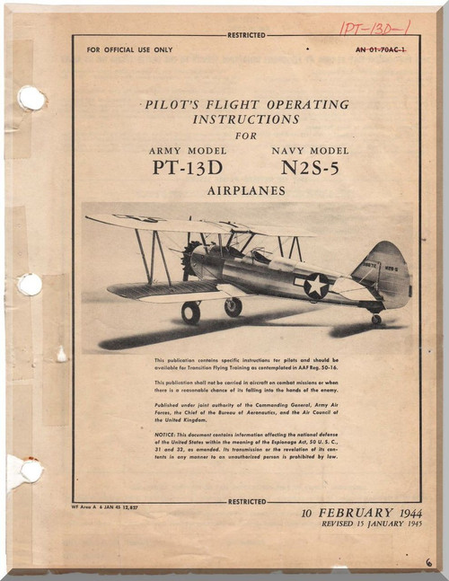 Stearman Pilot Flight Operating Instructions for Army Model  P-13D, N2S-5  Airplane  Manual   T.O. 01-70AC-1,  1940