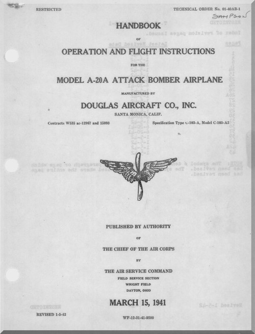 Douglas A-20 A Aircraft Operation and Flight Instructions Manual - 01-40AB-1