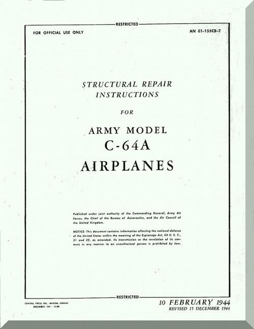 Nooduyn Norseman C-64 A Aircraft  Structural Repair Instructions  Manual AN  0155CB-2, 1944