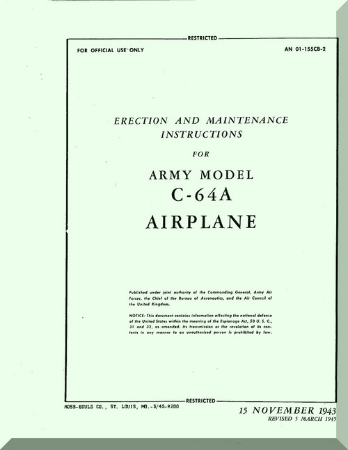 Nooduyn Norseman C-64 A Aircraft  Erection and Maintenance Manual AN  0155CB-2, 1943