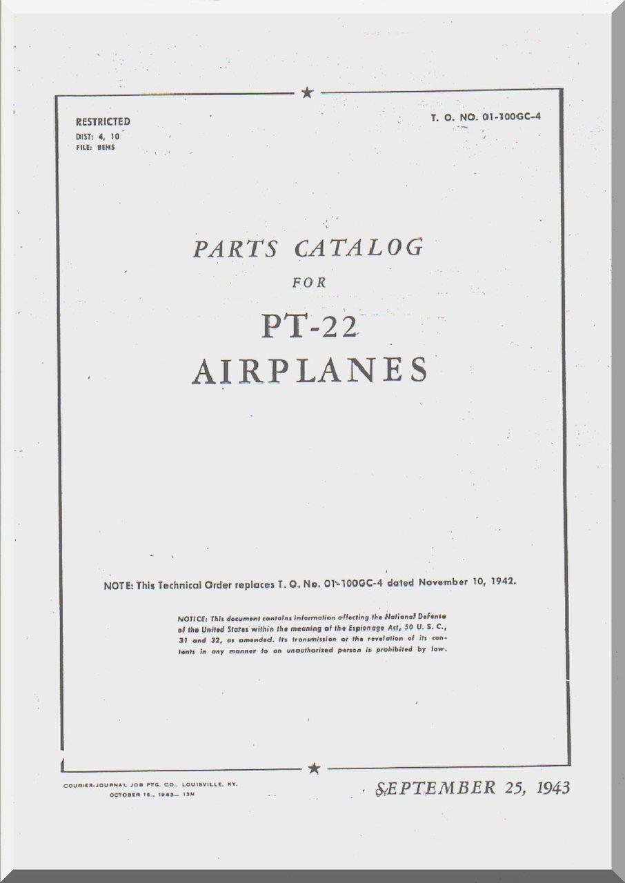 Ryan PT22 Airplane Parts Catalog Manual T.O. 01100GC4 1943