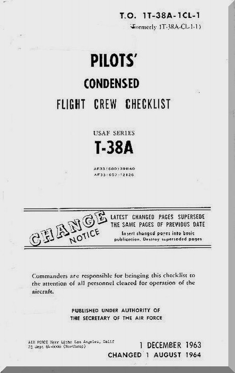 Northrop T-38 A   Aircraft Flight Crew Checklist  Manual T.O . 1T-38A-1CL-1, 1964