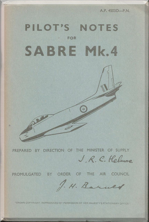 Canadair CL-13 Sabre Mk.4  Aircraft  Pilot's Notes Manual  - AP 4503D PN