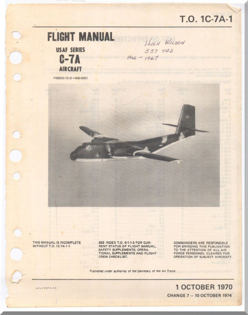 De Havilland C-7 A Caribou Aircraft Flight Manual - 1C-7A-1 -1970