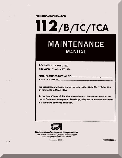 Aero Commander 112 / B / TC  / TCA Aircraft Maintenance  Manual, 1977