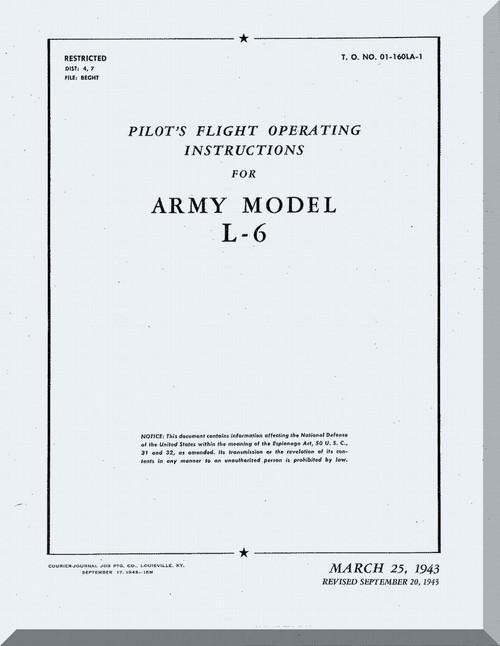 Interstate L-6  Aircraft Pilot's flight Operating Instructions  Manual , T.O. 01-160LA-1, 1943