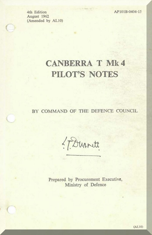 English Electric Canberra T Mk.4  Aircraft  Pilot's Notes Manual  AP 101B-0404-15