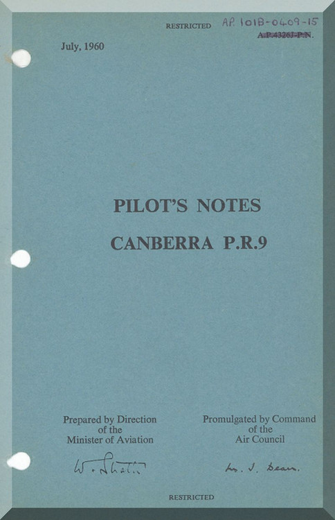 English Electric Canberra P.R. 9  Aircraft  Pilot's Notes Manual  AP 191B-0409-15