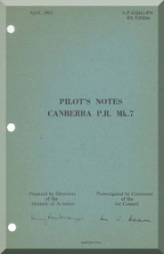 English Electric Canberra P.R. Mk.7  Aircraft  Pilot's Notes Manual  AP 4326G
