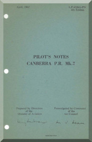 English Electric Canberra P.R. Mk.7  Aircraft  Pilot's Notes Manual  AP 4326G