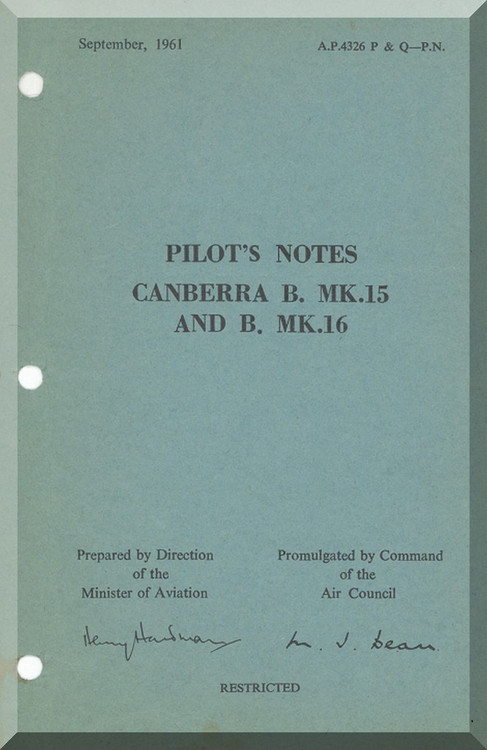 English Electric Canberra B Mk.15 ,16  Aircraft  Pilot's Notes Manual  AP 4326P