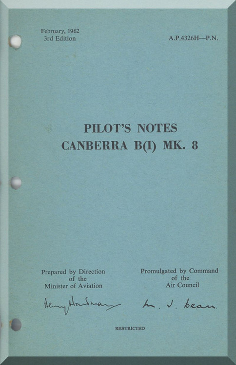 English Electric Canberra B Mk.8  Aircraft  Pilot's Notes Manual  AP 4326H