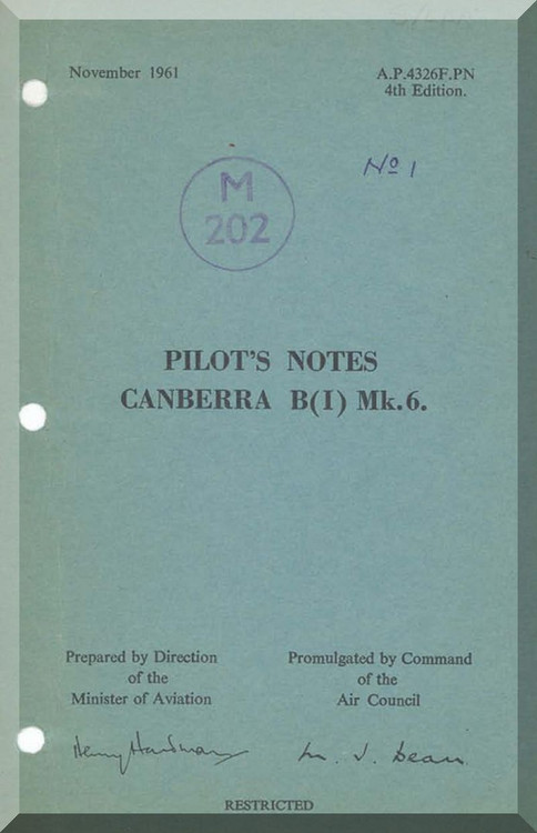 English Electric Canberra B Mk.6  Aircraft  Pilot's Notes Manual  AP 4326F