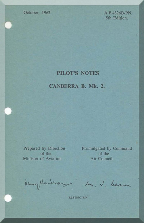 English Electric Canberra B Mk.2  Aircraft  Pilot's Notes Manual  AP 4326B
