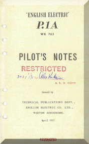 English Electric Lightning P.1A  Aircraft Pilot's Notes Manual -  ( English Language )  WG 763 , 1957