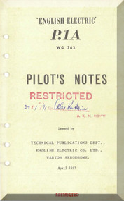 English Electric Lightning P.1A  Aircraft Pilot's Notes Manual -  ( English Language )  WG 763 , 1957