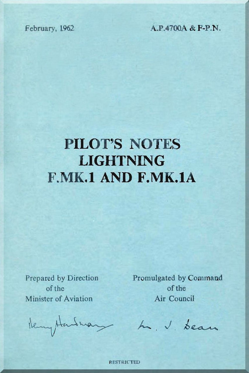 English Electric Lightning F Mk.1 F. Mk 1A  Aircraft Pilot's Notes  Manual -  ( English Language ) A.P. 4700 A&F -PN, 1962