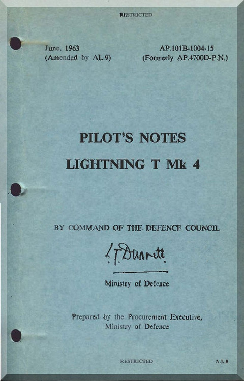 English Electric Lightning T Mk.4  Aircraft Pilot's Notes Manual -  ( English Language )  AP 101B-1004-15, 1963