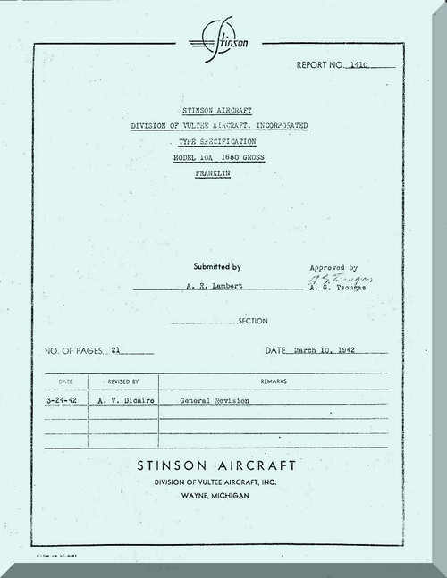 Stinson Model 10 A Aircraft Specification and Bulletin  Manual