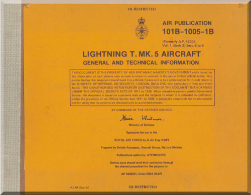 English Electric Lightning T Mk.5  Aircraft Ground Handling Note  Manual 101B-1005-12