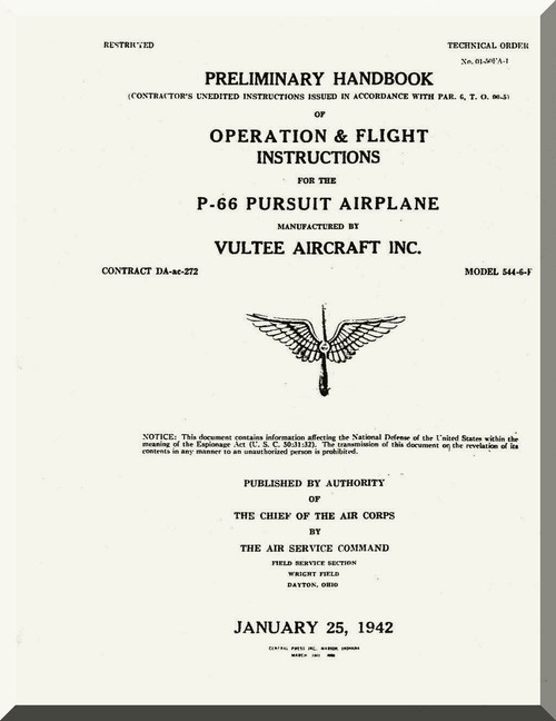 Vultee  P-66 Preliminary Handbook  Operation and Flight  Manual - T.O. 01-50FA-1 , 1942