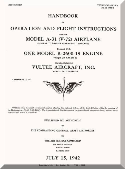 Vultee  A-31, V-72 Operating and Flight Instruction Manual - T.O. 01-50AB-1 - 1942