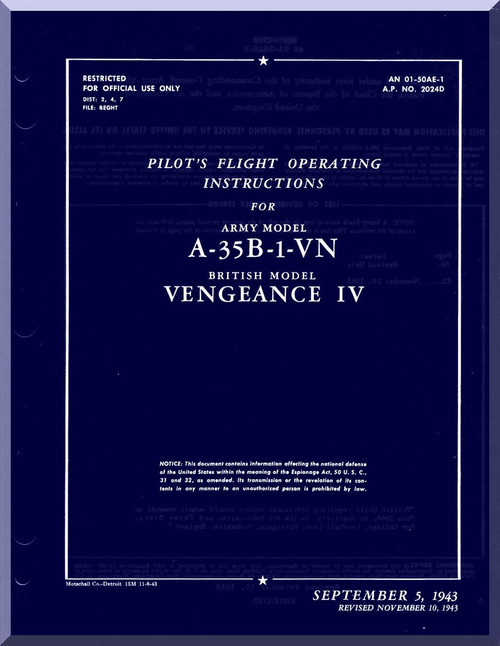 Vultee  A-35B-1-VN  Aircraft Pilot's  Flight Operating instruction  Manual - AM 01-50E-1 - 1943