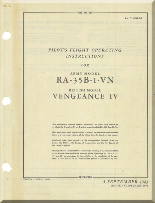Vultee  RA-35B-1-VN  Aircraft Pilot's  Flight Operating instruction  Manual - AM 01-50AE-1 - 1943