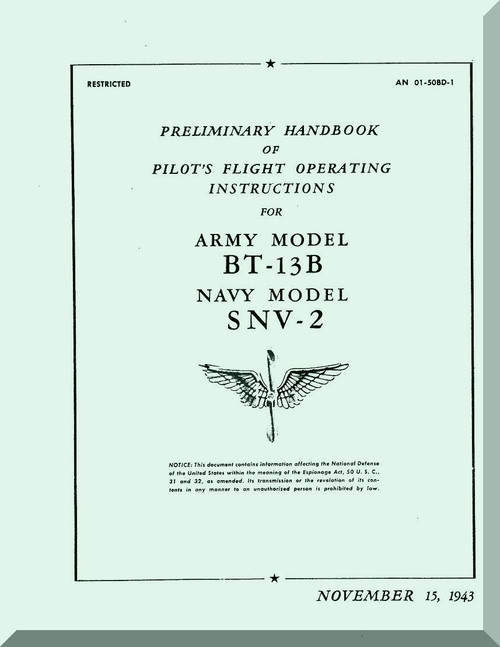 Vultee   BT-13 B  SNV-2  Preliminary Handbook of pilot's Flight Operating instructions  Manual - AN 01-50 BD-1 ,1943