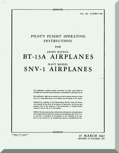 Vultee   BT-13  A,  SNV-1, Pilot Flight Operating Instructions  Manual -  T.O. 01-50BC-1-95 ,1945