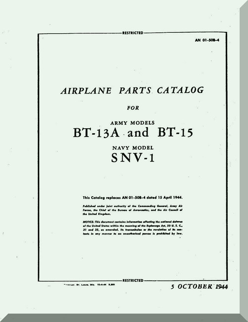 Vultee   BT-13  A, BT-15, SNV-1, Airplane Parts catalog   Manual -  T.O. 01-50BC-4 ,1944
