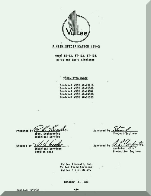 Vultee BT-13 BT-15  SNV-1 Aircraft Finish Specification Manual - 1939