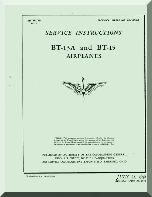 Vultee   BT-13  A, BT-15, , Airplane Service Instructions  Manual -  T.O. 01-50BB-2,1939