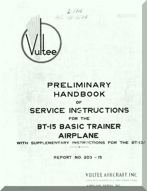 Vultee   BT-15 Airplane Preliminary Handbook of Service Instruction   Manual