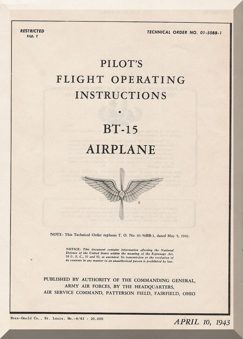 Vultee   BT-15 Airplane Pilot's Flight Operating Instruction   Manual -  01-50BB-1 -1943