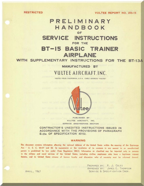 Vultee   BT-15   Preliminary Service Instruction   Manual -  ,1941