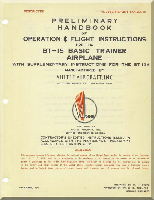 Vultee   BT-15   Preliminary Operating Flight  Instruction   Manual -  ,1941