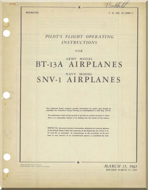 Vultee BT-13A SNV-1   Aircraft Pilot Flight Operating Instructions Manual