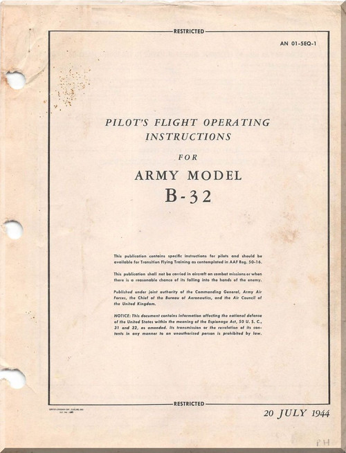 Consolidated B-32  Dominator  Flight Instructions  Manual - AN. 01-5EQ-1 ,   1945