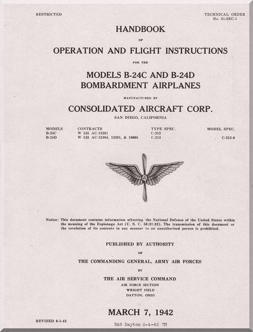 Consolidated B-24 C  D Aircraft Flight  Manual - TO 01-5EC-1 - 1942