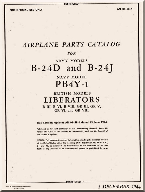 Consolidated B-24 D J A Parts Catalog  Instructions  Manual - T.O.  01-5E-4 ,   1944