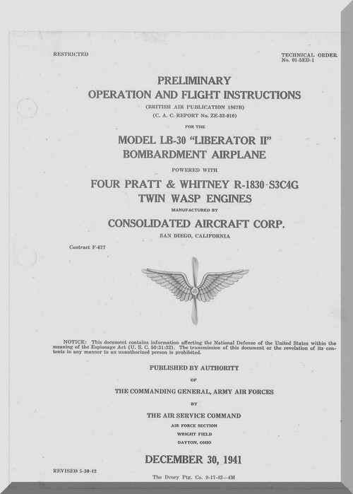Consolidated LB-30  Preliminary Flight Instructions  Manual - AN. 01-5ED-1 ,   1941