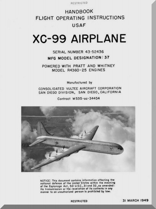 Convair XC-99 Aircraft Flight Handbook Manual -   1949