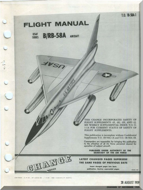 Convair B / RB-58 A  Partial Flight  Manual -  T.O. 1B-58A-1, 1959